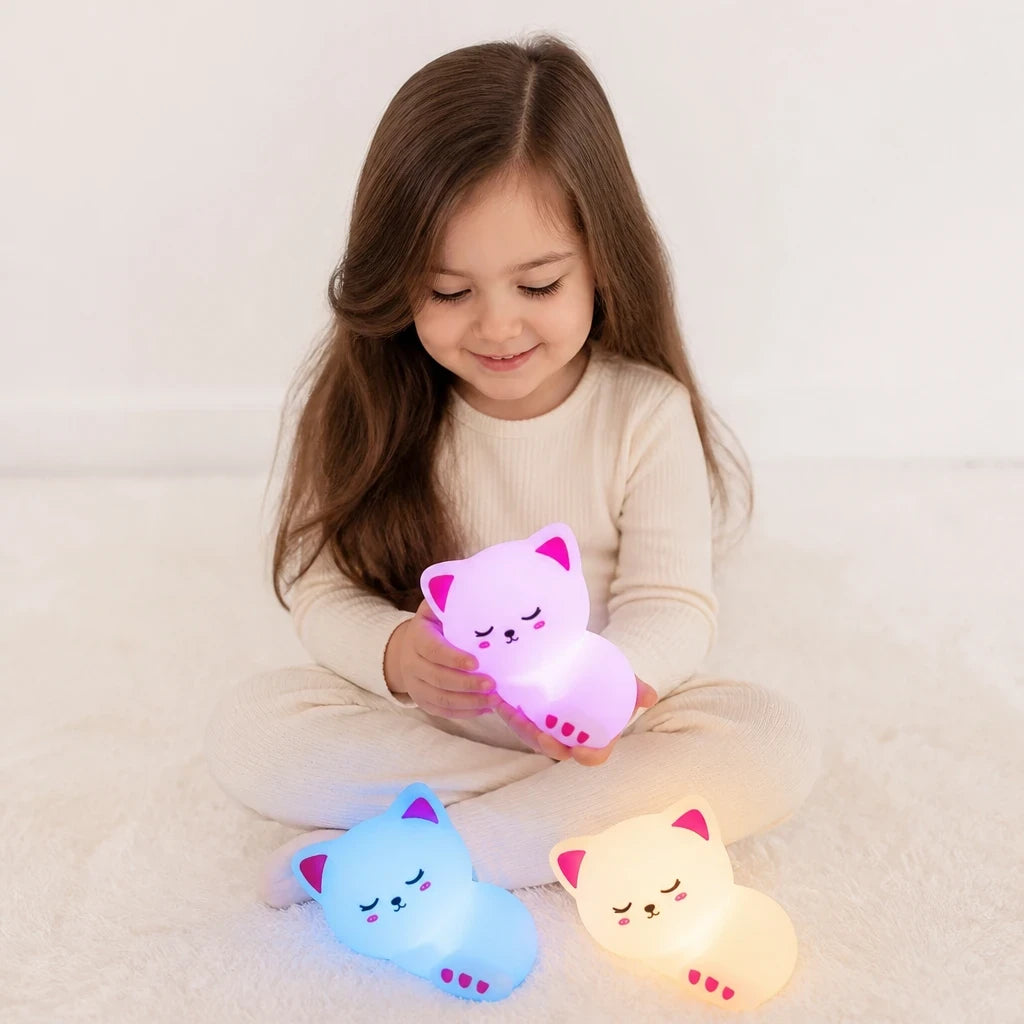 Luminária infantil gato em silicone macio USB recarregável para sono tranquilo e quarto encantado