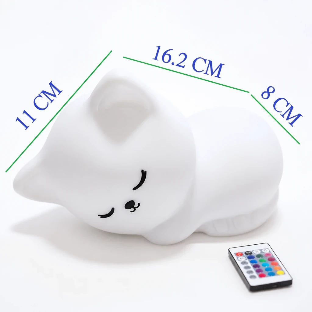 luminária infantil gato de silicone macio USB recarregável com controle remoto para sono tranquilo