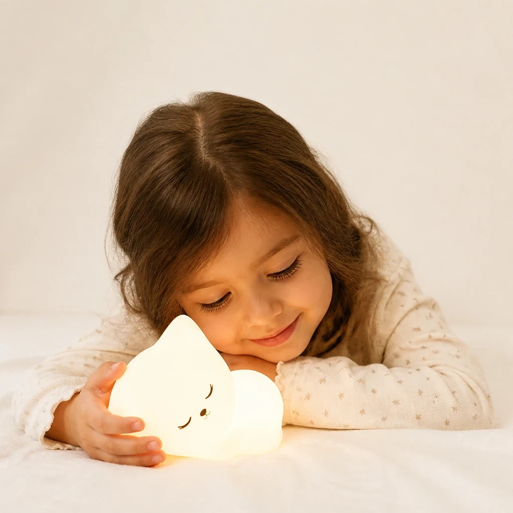 Luminária infantil gato de silicone macio USB, luz suave para sono tranquilo e quarto aconchegante para pais e avós
