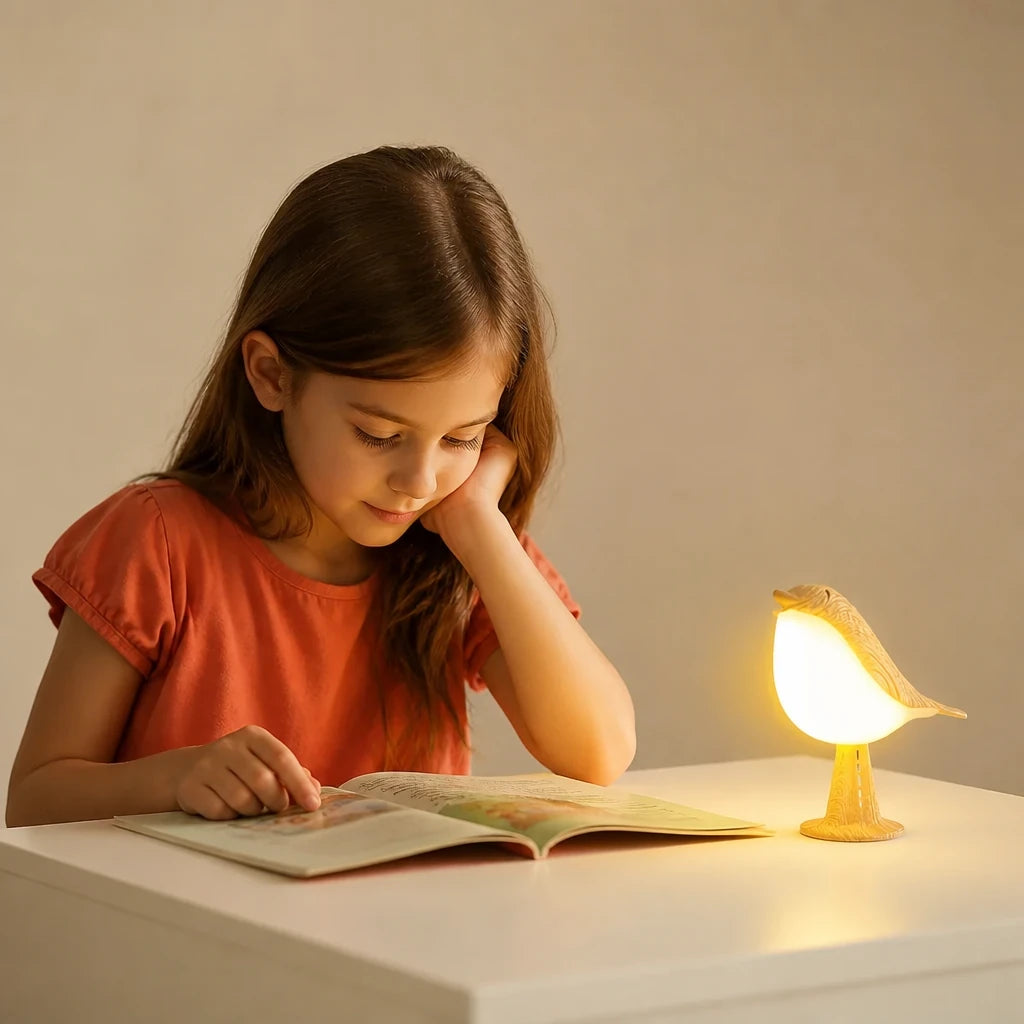 Luminária infantil LED em formato de passarinho toque e bateria recarregável ilumina leitura com conforto e segurança