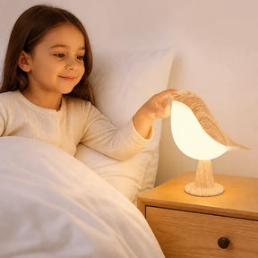 Luminária infantil LED touch recarregável em formato pássaro, luz suave para conforto e segurança na hora de dormir