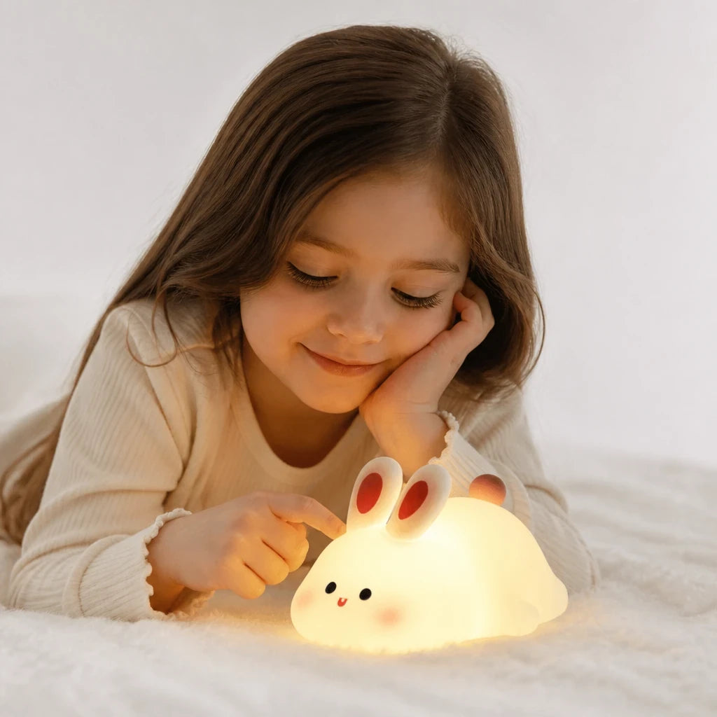 Luminária infantil coelho de silicone macio recarregável USB, luz aconchegante e segura para o quarto da criança
