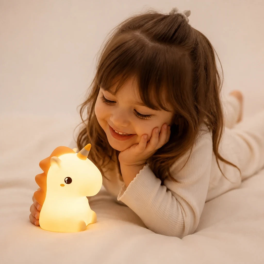 Luminária infantil unicórnio em silicone LED recarregável toque macio para sono seguro e aconchegante para mães, pais e avós