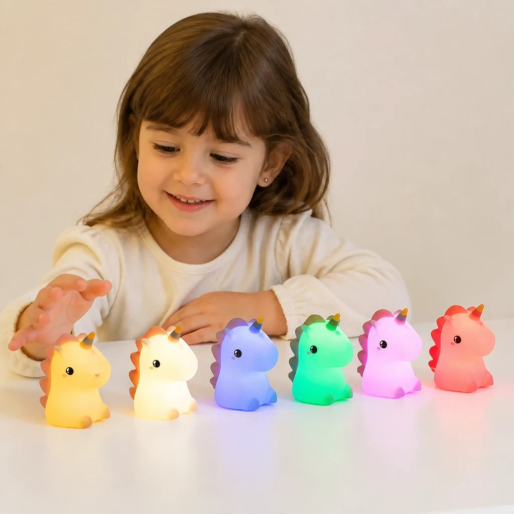 Luminária infantil unicórnio LED recarregável em silicone toque macio para sono seguro e aconchegante