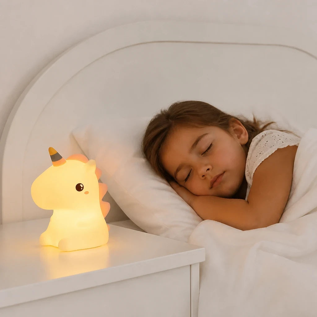 Luminária infantil unicórnio LED recarregável em silicone, toque macio e luz aconchegante para sono seguro