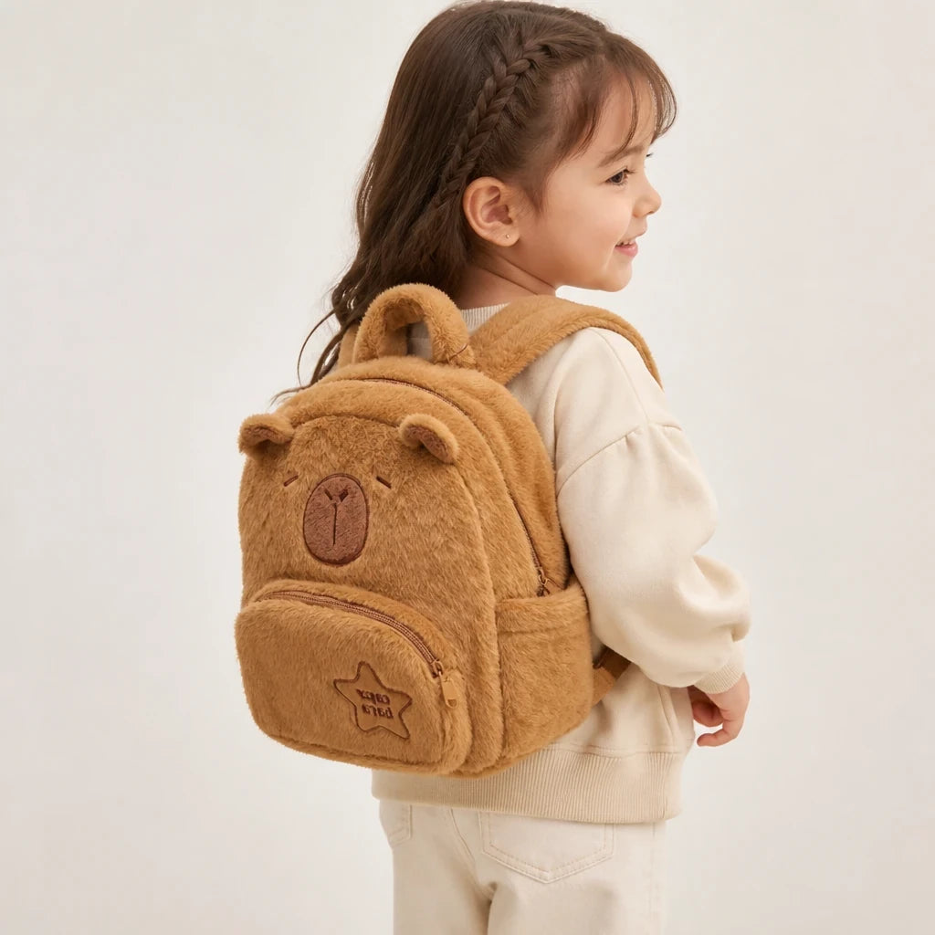 Mochila capivara de pelúcia macia infantil que abraça, confortável e segura para levar brinquedos