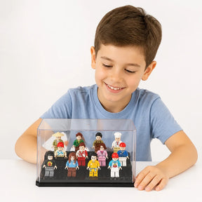 Organizador de brinquedos acrílico transparente empilhável para minifigures, display seguro e estiloso para quarto infantil