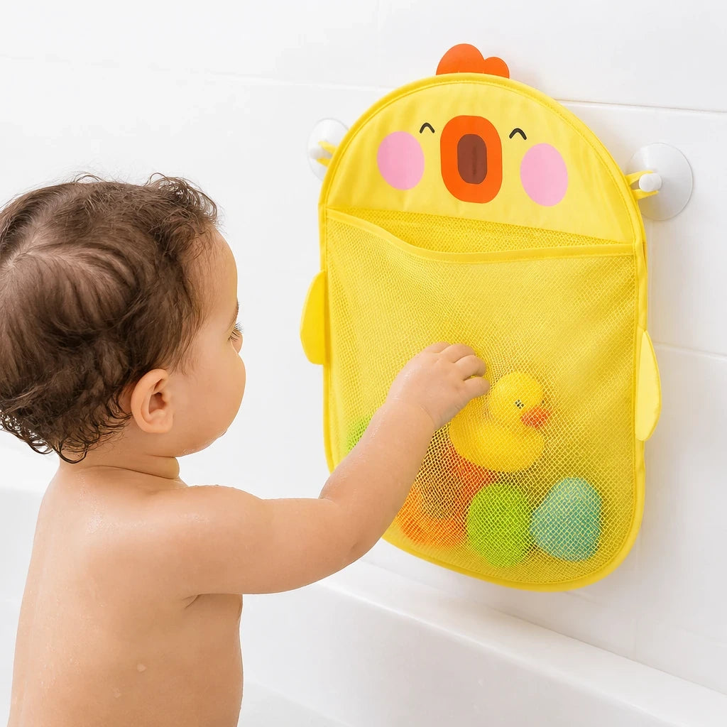 Organizador de brinquedos de banho em malha com ventosas, prático e seguro para mães, pais e avós