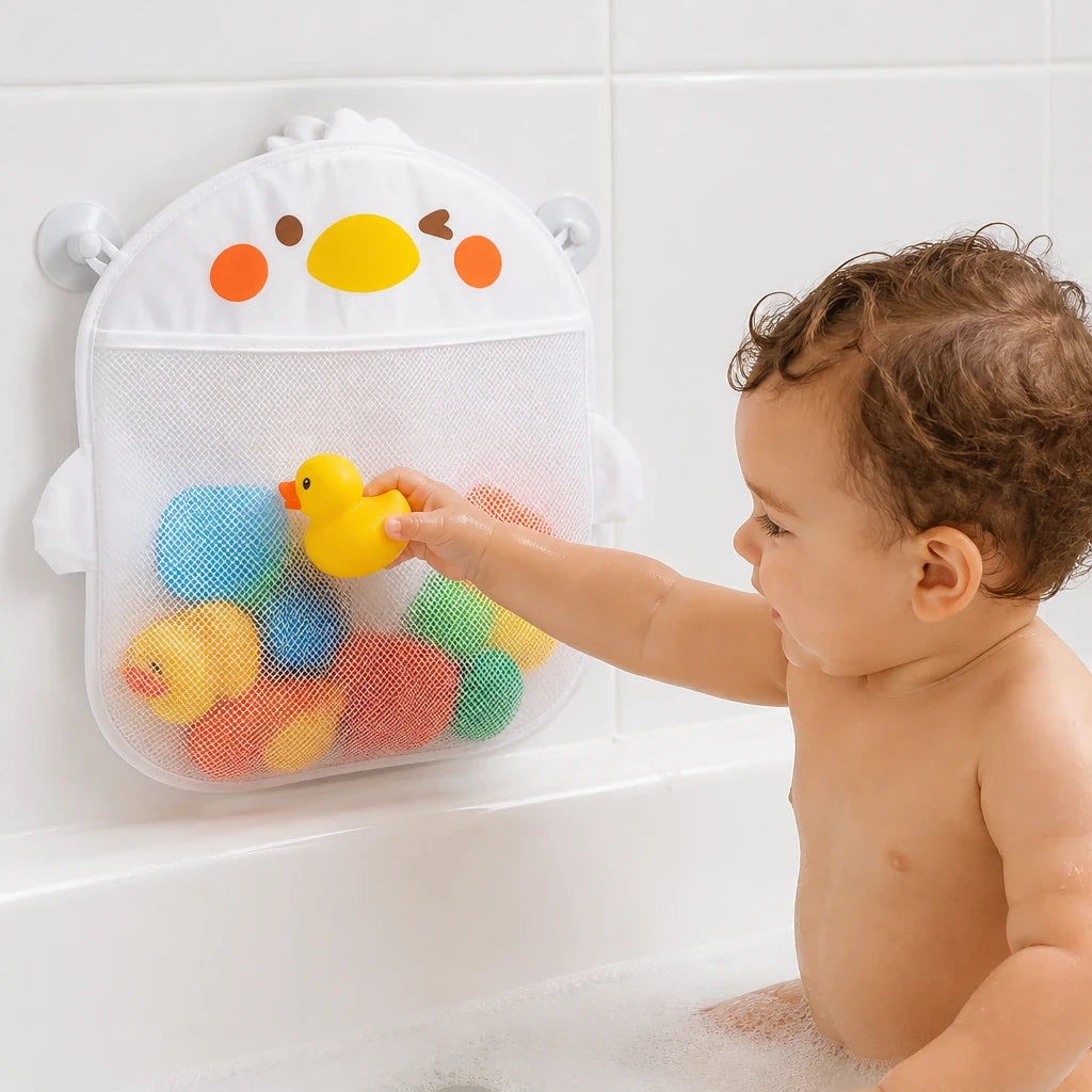 Organizador de brinquedos de banho em malha com ventosas, prático e seguro para pais e pequenos