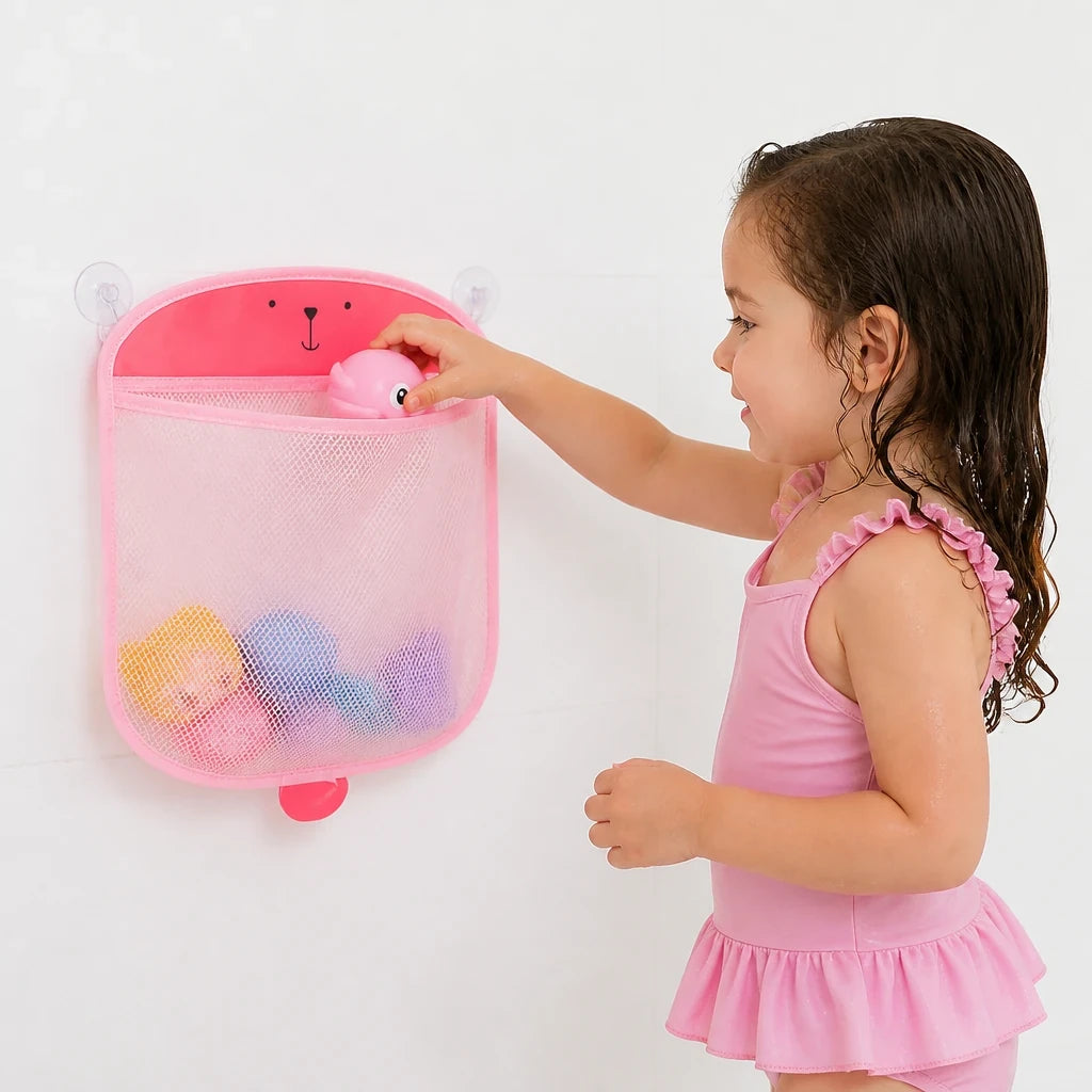 Organizador de brinquedos de banho em malha rosa com ventosas, prático, seguro e ideal para rotina de banho infantil