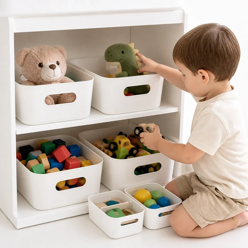 Organizador de brinquedos empilhável branco com grande capacidade para quarto infantil organizado e seguro