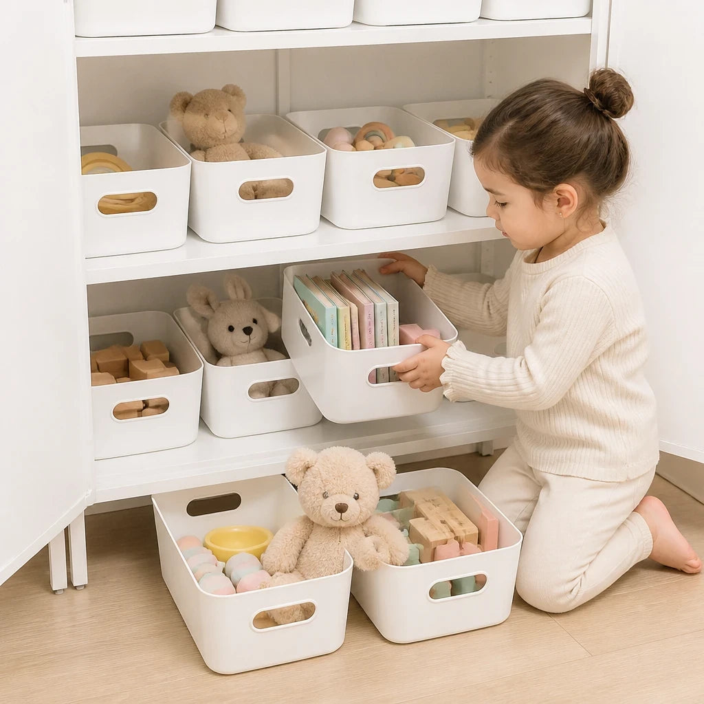 Organizador de brinquedos empilhável branco com grande capacidade, seguro e prático para quarto infantil organizado