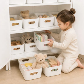 Organizador de brinquedos empilhável branco com grande capacidade, seguro e prático para quarto infantil organizado