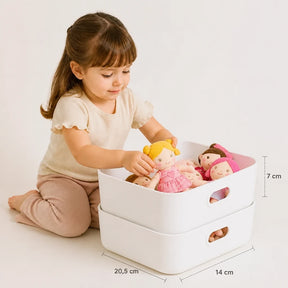 Organizador de brinquedos empilhável branco com grande capacidade, prático e seguro para mães, pais e avós