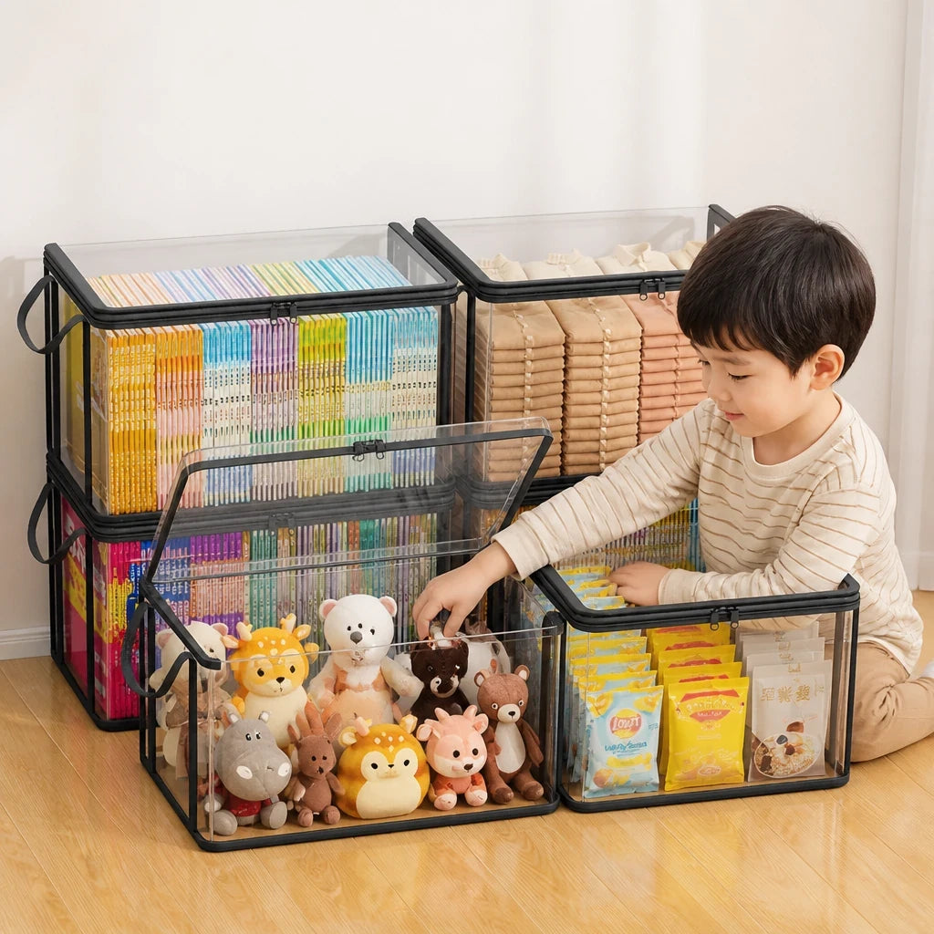 Organizador de brinquedos transparente com tampa articulada e janela, resistente e prático para o quarto infantil