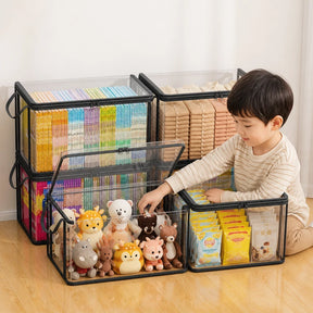 Organizador de brinquedos transparente com tampa articulada e janela, resistente e prático para o quarto infantil