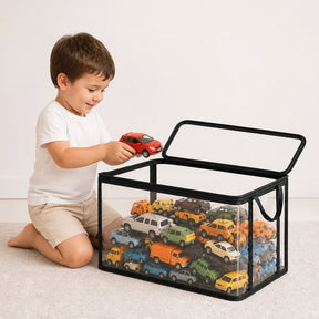 Organizador de brinquedos com tampa articulada e visor transparente, durável e prático para manter o quarto em ordem