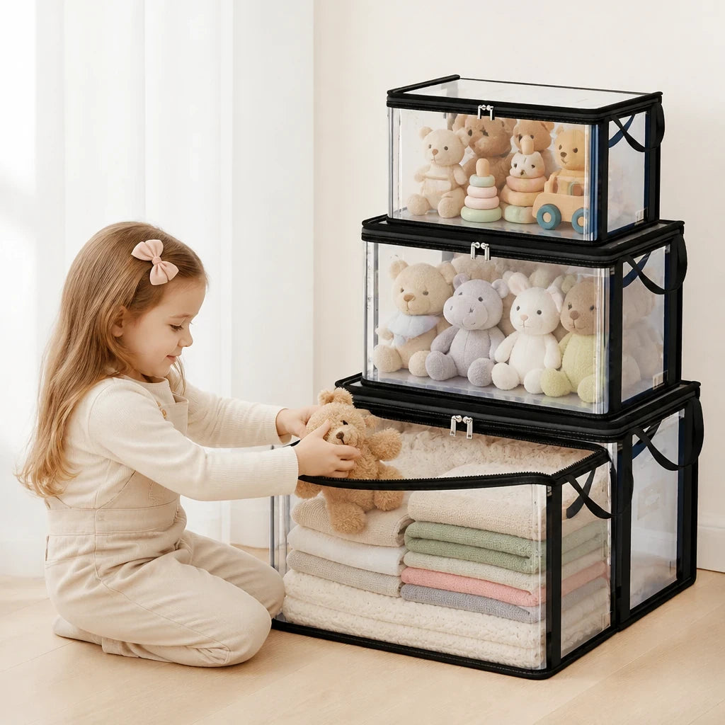 Organizador de brinquedos infantil empilhável com janela transparente e tampa articulada, durável e prático para o quarto