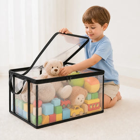Organizador de brinquedos infantil com tampa articulada e janela transparente, bolsa durável para quarto organizado