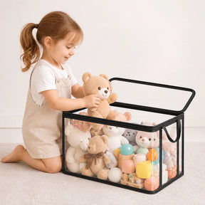Organizador de brinquedos com tampa articulada e janela transparente, durável e prático para quarto infantil