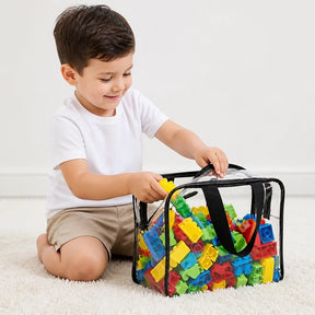 Organizador de brinquedos em PVC transparente com zíper impermeável e prático para guardar itens infantis