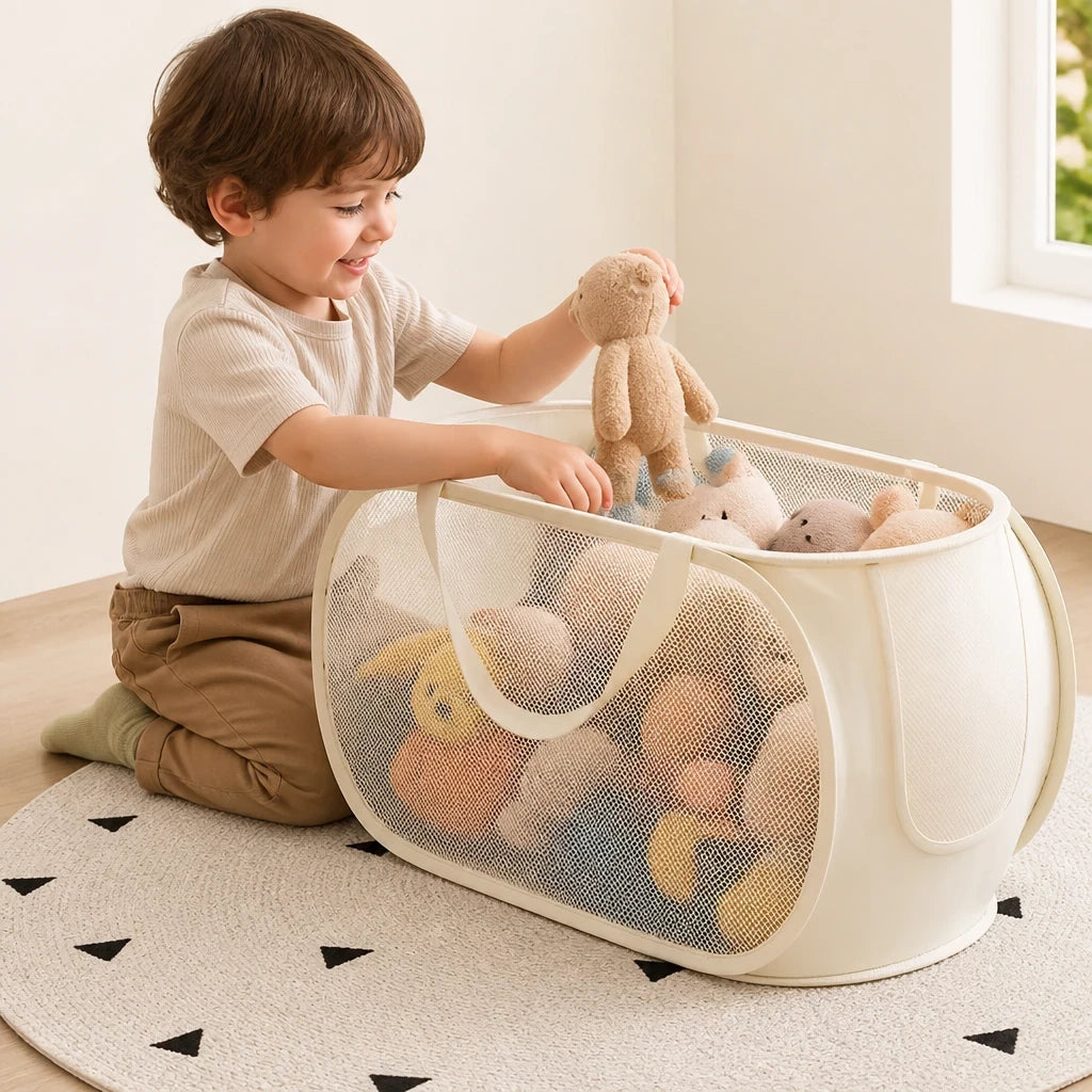 Organizador de brinquedos dobrável com malha respirável, prático e seguro para manter o quarto infantil em ordem