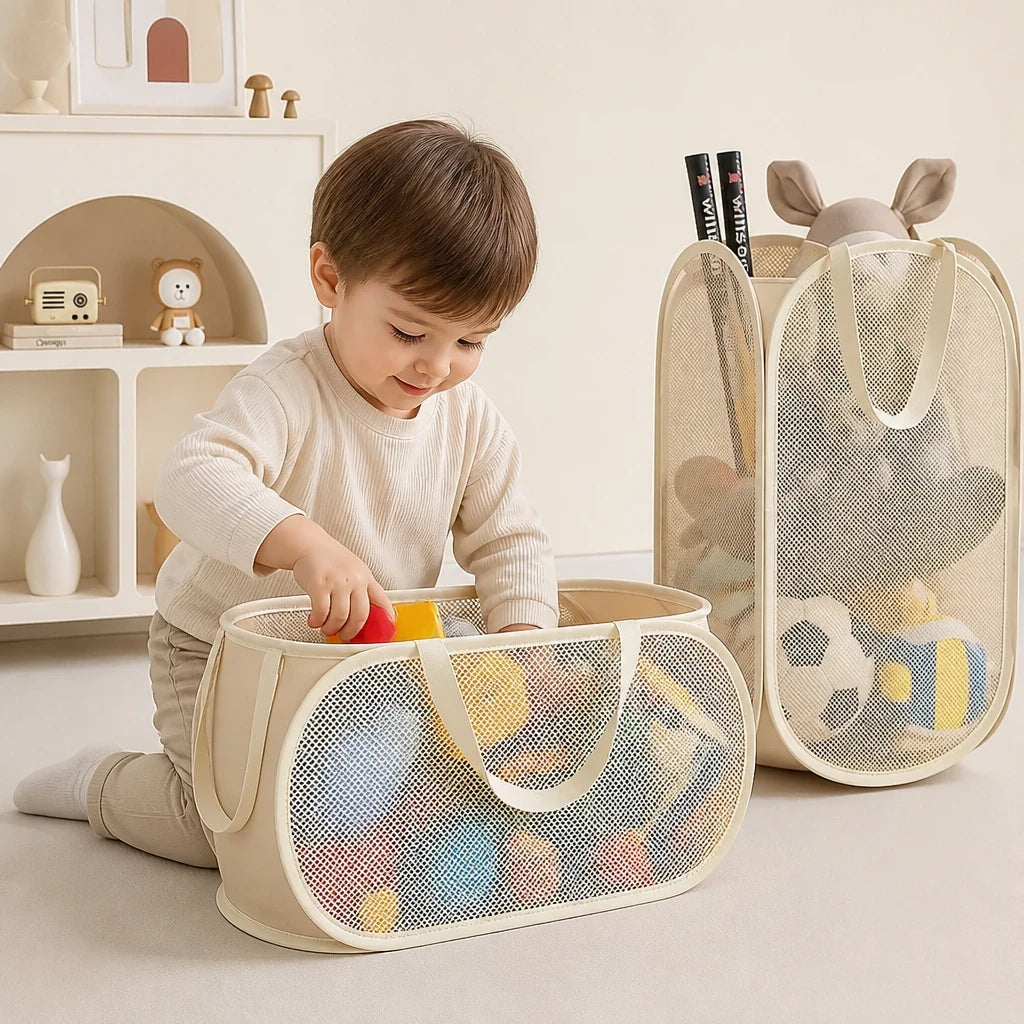 Organizador de brinquedos infantil dobrável em malha respirável, prático e seguro para manter o quarto da criança organizado