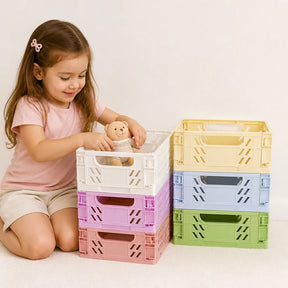 Organizador de brinquedos dobrável em plástico resistente em cores pastel para organização prática e segura