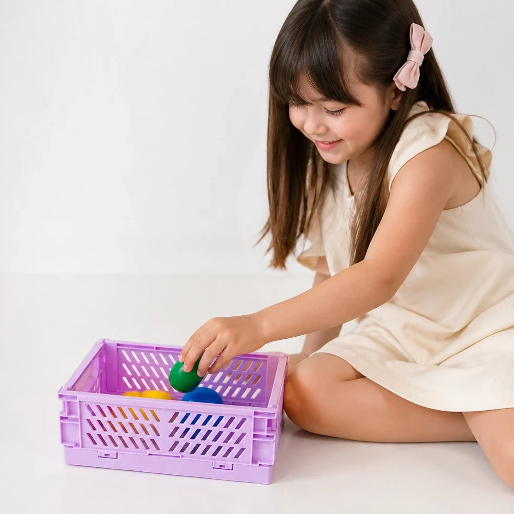 Organizador de brinquedos dobrável em plástico resistente lilás, prático, seguro e durável para pais e crianças