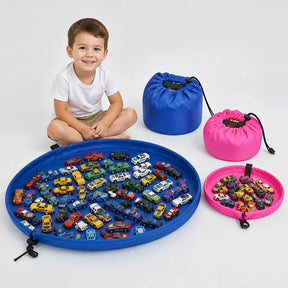 Organizador de brinquedos dobrável tipo tapete que vira bolsa, organiza carrinhos com praticidade e durabilidade