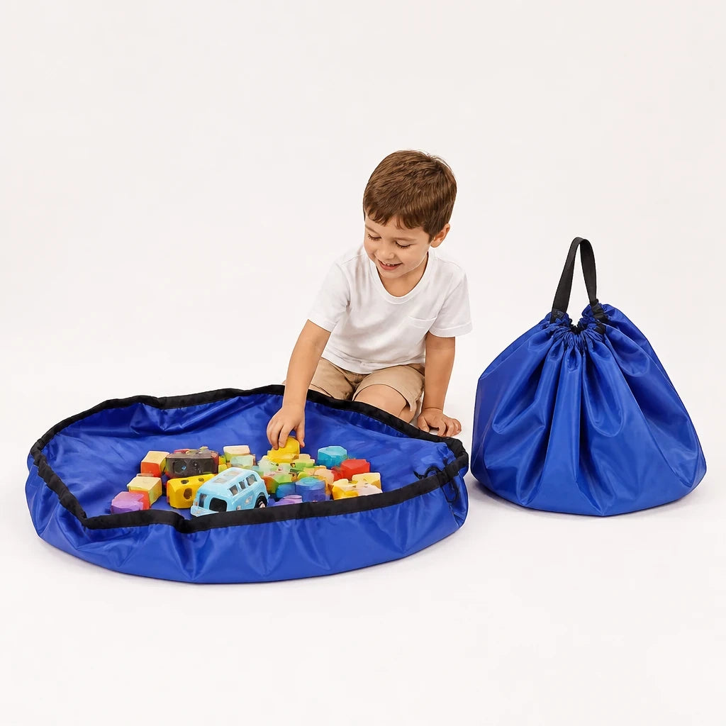 Organizador de brinquedos dobrável que vira tapete de atividades, prático e seguro para pais e avós