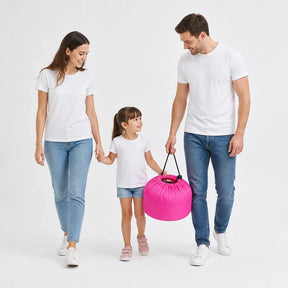Organizador de brinquedos dobrável rosa que vira tapete de atividades, prático, seguro e estiloso para crianças