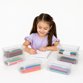 Organizador de brinquedos transparente grande capacidade para material escolar, menina desenhando e fácil organização