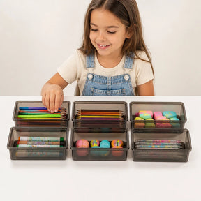 Organizador de brinquedos transparente para material escolar, prático e ideal para pais e responsáveis