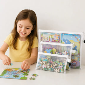 Organizador infantil transparente com zíper para quebra‑cabeças e brinquedos, segura peças e facilita a organização