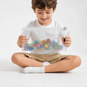 Organizador de brinquedos transparente com zíper para peças de quebra-cabeça, prático e seguro para pais e avós