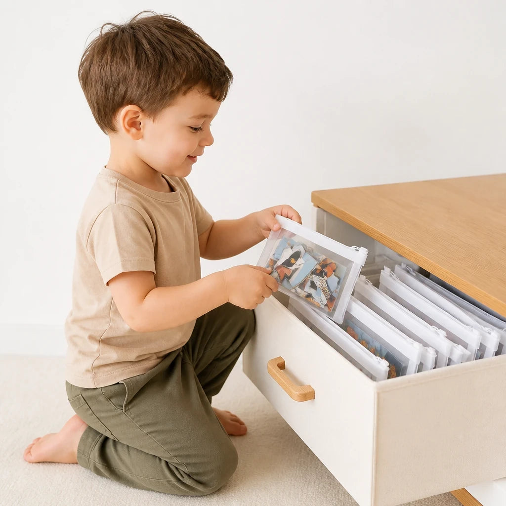 Organizador infantil transparente com zíper para brinquedos e quebra-cabeças, organiza peças com segurança e praticidade