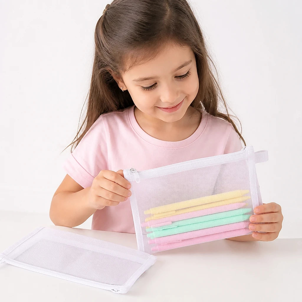 Organizador infantil transparente com zíper para guardar brinquedos e peças, prático e seguro para crianças