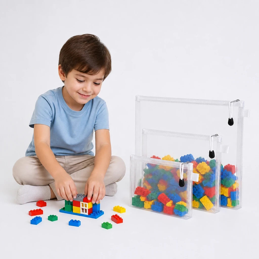 Organizador de brinquedos transparente com zíper que guarda peças no lugar, prático e seguro para pais e crianças