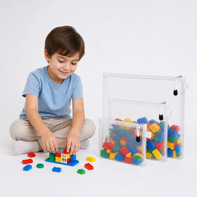 Organizador de brinquedos transparente com zíper que guarda peças no lugar, prático e seguro para pais e crianças