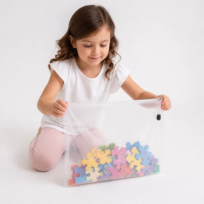 Organizador de brinquedos transparente com zíper para quebra-cabeças, prático e seguro para manter peças organizadas