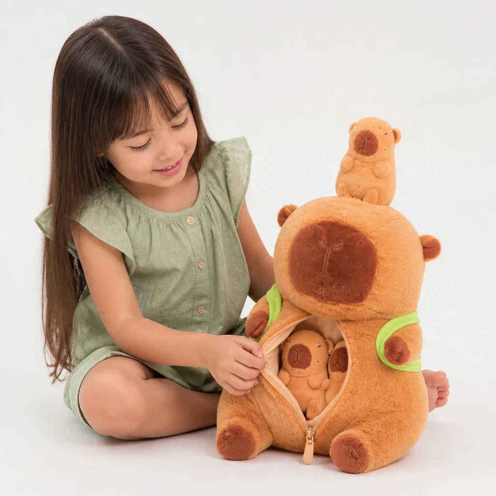 Pelúcia de capivara mamãe com filhotes travesseiro macio aconchego seguro e carinho para crianças