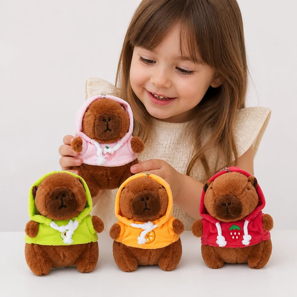 Pelúcia infantil capivara pingente macio com hoodie colorido, charmosa e segura para brincar no dia a dia