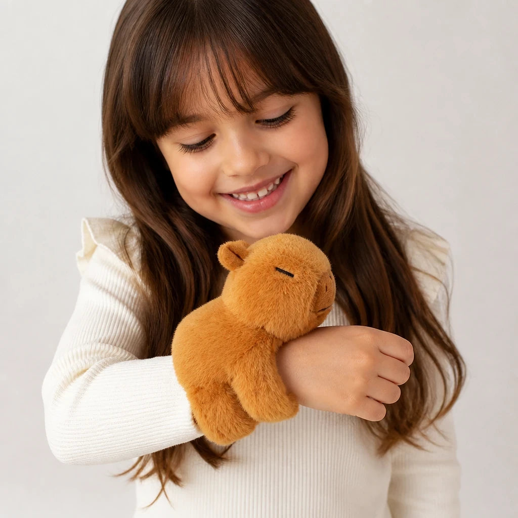 Pelúcia Infantil capivara enrolável em pulseira macia, conforto e segurança para o colo do bebê