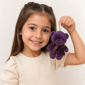Pelúcia Infantil chaveiro ursinho roxo com mini gravata, macia e estilosa para acompanhar crianças com segurança