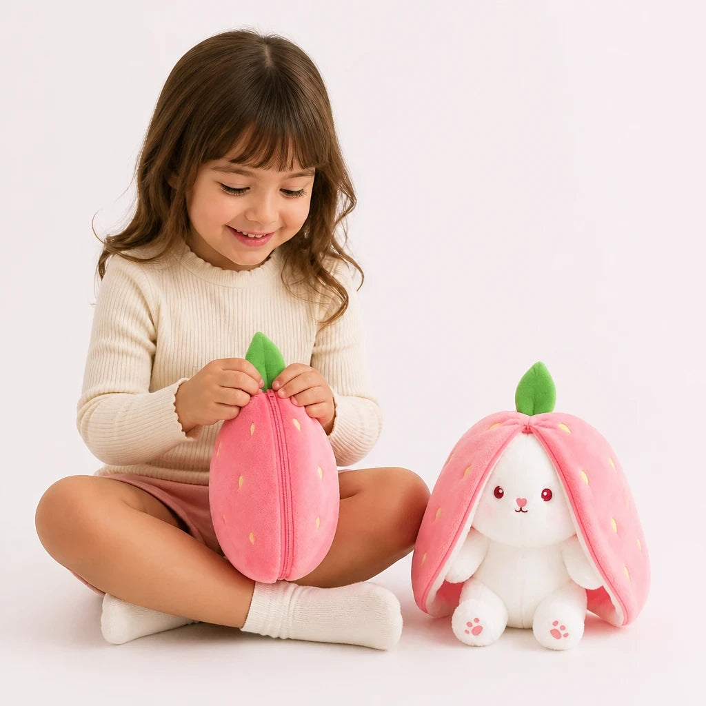 Pelúcia infantil coelho reversível morango, toque macio e seguro, presente inesquecível para crianças