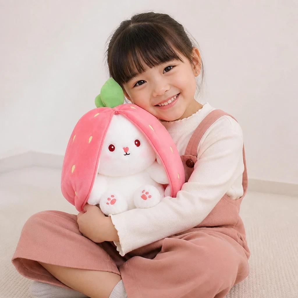 Pelúcia infantil coelho reversível morango toque macio e seguro presente perfeito para crianças
