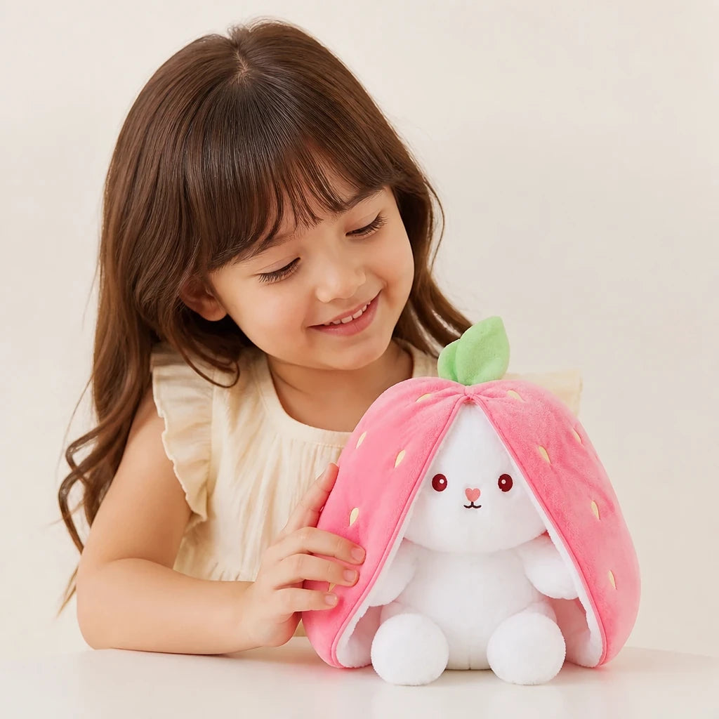 Pelúcia Infantil coelho reversível morango com toque macio, segura e ideal para presentear crianças