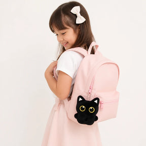 Pelúcia infantil gato preto macio na mochila rosa, aconchego e presente perfeito para crianças