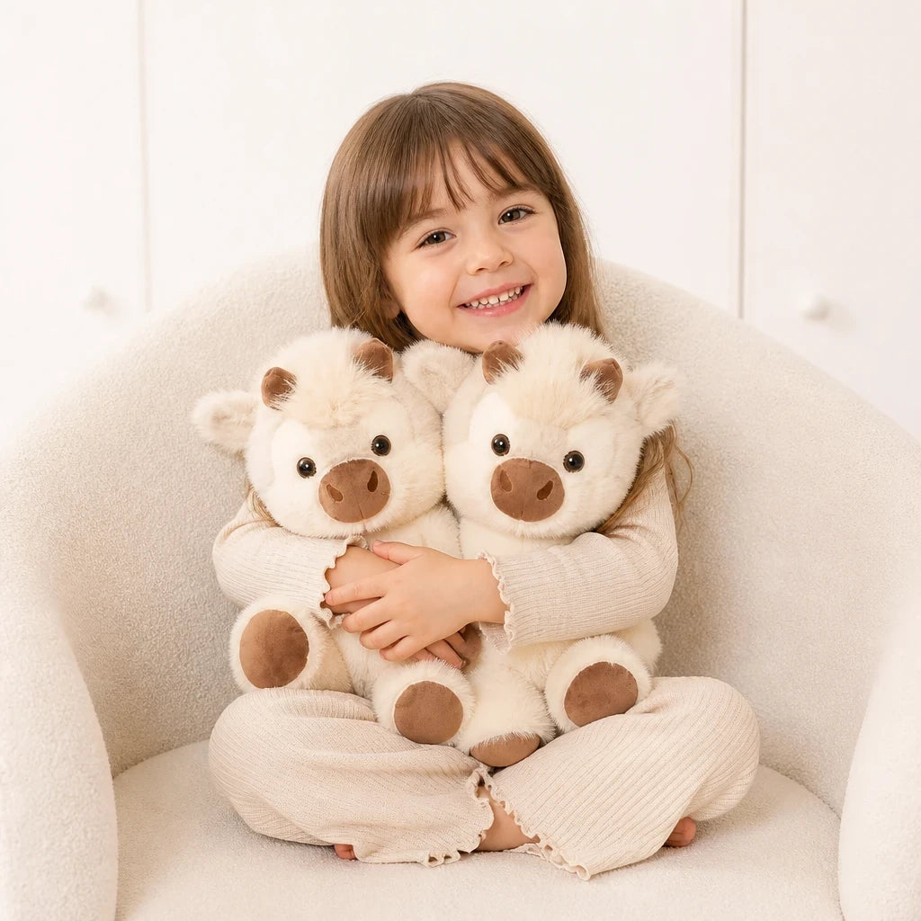 Pelúcia infantil Vaca Highland 45cm, tecido macio e fácil de lavar ideal para abraços e conforto das crianças